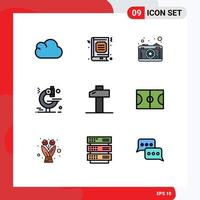 9 User Interface Filledline Flat Color Pack of modern Signs and Symbols of tools carpentry camera research examination Editable Vector Design Elements