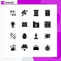 Group of 16 Modern Solid Glyphs Set for light bulb green paper protection maps Editable Vector Design Elements