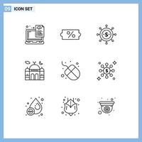 Pictogram Set of 9 Simple Outlines of computer moon business islam mosque Editable Vector Design Elements