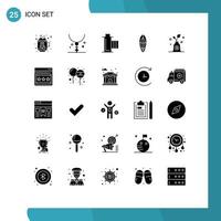 Conjunto de 25 glifos sólidos universales para aplicaciones web y móviles, deportes de navegación, collar, recreación, multimedia, elementos de diseño vectorial editables. vector