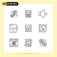 Mobile Interface Outline Set of 9 Pictograms of chart arrow sound team drink Editable Vector Design Elements