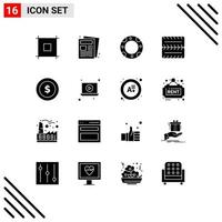 Pack of 16 Modern Solid Glyphs Signs and Symbols for Web Print Media such as play wreath life money award Editable Vector Design Elements