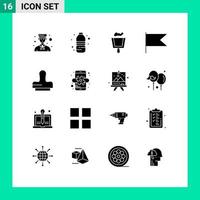 Pack of 16 Modern Solid Glyphs Signs and Symbols for Web Print Media such as stamp clone drink mark country Editable Vector Design Elements