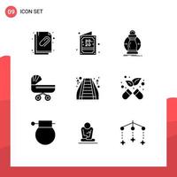 Universal Icon Symbols Group of 9 Modern Solid Glyphs of stroller kids consumption baby reduce Editable Vector Design Elements