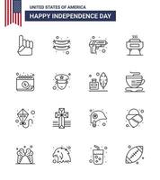 4th July USA Happy Independence Day Icon Symbols Group of 16 Modern Lines of date american security holiday celebration Editable USA Day Vector Design Elements