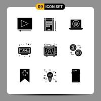 Solid Glyph Pack of 9 Universal Symbols of user television video entertainment clock Editable Vector Design Elements