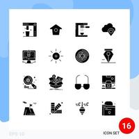 Solid Glyph Pack of 16 Universal Symbols of pen pin cooking map machine Editable Vector Design Elements