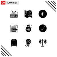 Group of 9 Solid Glyphs Signs and Symbols for investment finance mongolia business reward Editable Vector Design Elements