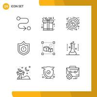 Mobile Interface Outline Set of 9 Pictograms of chemical flask processing medical file warning Editable Vector Design Elements