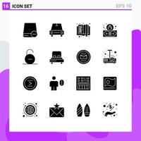 Group of 16 Modern Solid Glyphs Set for safety lock book security dollar Editable Vector Design Elements