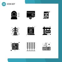 9 Universal Solid Glyphs Set for Web and Mobile Applications package day hat calendar transmission Editable Vector Design Elements