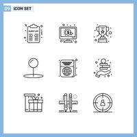 Set of 9 Modern UI Icons Symbols Signs for id ticket achievement passport pin Editable Vector Design Elements