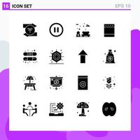 Mobile Interface Solid Glyph Set of 16 Pictograms of treatment band park aid kitchen Editable Vector Design Elements