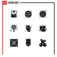 Modern Set of 9 Solid Glyphs Pictograph of brain focus worldwide target search Editable Vector Design Elements