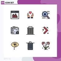 Mobile Interface Filledline Flat Color Set of 9 Pictograms of remove garbage spy ware delete technology Editable Vector Design Elements