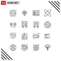 Pack of 16 Modern Outlines Signs and Symbols for Web Print Media such as dumbbell herb touch here flower id Editable Vector Design Elements