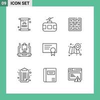 símbolos de iconos universales grupo de 9 esquemas modernos de certificado turismo en línea portátil reproducir elementos de diseño vectorial editables vector