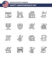 paquete de 16 líneas de celebración del día de la independencia de EE. UU. Signos y símbolos del 4 de julio, como películas, construcción de sillas, bebidas de cola, elementos de diseño de vectores editables del día de EE. UU.