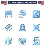 Happy Independence Day 4th July Set of 9 Blues American Pictograph of grave states american hotdog america Editable USA Day Vector Design Elements