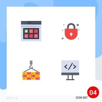 conjunto de iconos planos de interfaz móvil de 4 pictogramas de monitor de construcción de bloqueo de grúa web elementos de diseño vectorial editables vector