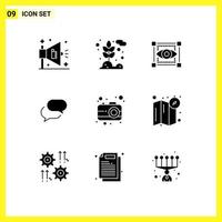 Editable Vector Line Pack of 9 Simple Solid Glyphs of user camera view mail chat Editable Vector Design Elements