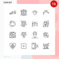 Mobile Interface Outline Set of 16 Pictograms of cloud male eye movember moustache Editable Vector Design Elements