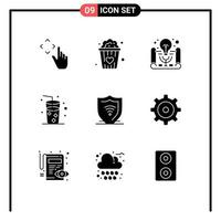 9 User Interface Solid Glyph Pack of modern Signs and Symbols of shield internet security business idea internet drink Editable Vector Design Elements