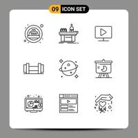 9 Universal Outlines Set for Web and Mobile Applications chart saturn monitor planet dumbbells Editable Vector Design Elements