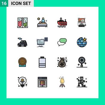 16 Universal Flat Color Filled Lines Set for Web and Mobile Applications car editing spa software computer Editable Creative Vector Design Elements