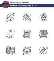 Stock Vector Icon Pack of American Day 9 Line Signs and Symbols for day declaration of independence barbecue declaration bbq Editable USA Day Vector Design Elements