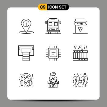 conjunto de esquema de interfaz móvil de 9 pictogramas de elementos de diseño de vector editables de baloncesto de cpu de miel de microchip caliente