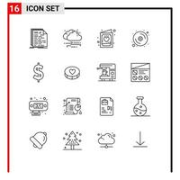 Group of 16 Outlines Signs and Symbols for hardware data cloud computer invitation Editable Vector Design Elements