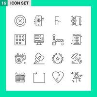 paquete de 16 iconos de estilo de línea establece símbolos de esquema para imprimir signos creativos aislados en fondo blanco