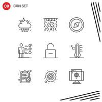 Universal Icon Symbols Group of 9 Modern Outlines of unlock safety compass padlock professional ability Editable Vector Design Elements