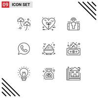 Pack of 9 Modern Outlines Signs and Symbols for Web Print Media such as bowl telephone nature chat marketing Editable Vector Design Elements