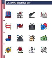4th July USA Happy Independence Day Icon Symbols Group of 16 Modern Flat Filled Lines of food landmark gun golden bridge Editable USA Day Vector Design Elements