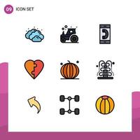 Group of 9 Modern Filledline Flat Colors Set for pumpkin fruit communication puzzle couple Editable Vector Design Elements