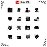 Group of 16 Solid Glyphs Signs and Symbols for love heart add on pin map Editable Vector Design Elements