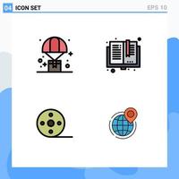 Mobile Interface Filledline Flat Color Set of 4 Pictograms of balloon read parachute books film Editable Vector Design Elements