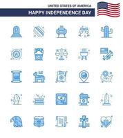 Happy Independence Day 4th July Set of 25 Blues American Pictograph of american usa celebration cactus wine Editable USA Day Vector Design Elements