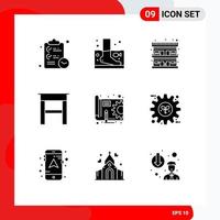 Mobile Interface Solid Glyph Set of 9 Pictograms of plan table wellness furniture travel Editable Vector Design Elements