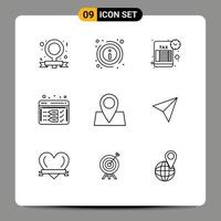 conjunto de 9 iconos de interfaz de usuario modernos signos de símbolos para ubicación web recordatorio optimizar análisis elementos de diseño vectorial editables vector