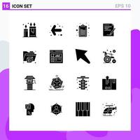 Group of 16 Solid Glyphs Signs and Symbols for folder report checklist note paper Editable Vector Design Elements