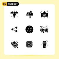 Group of 9 Solid Glyphs Signs and Symbols for camera sharing vip social media Editable Vector Design Elements