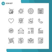 Outline Pack of 16 Universal Symbols of like heart badge webpage seo Editable Vector Design Elements