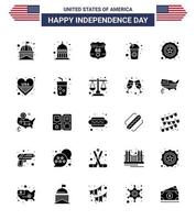 USA Happy Independence DayPictogram Set of 25 Simple Solid Glyph of police drink usa cola security Editable USA Day Vector Design Elements