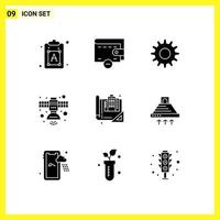 Pack of 9 Modern Solid Glyphs Signs and Symbols for Web Print Media such as blueprint building gear transmission satellite Editable Vector Design Elements