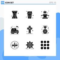 Mobile Interface Solid Glyph Set of 9 Pictograms of church truck trash garbage city Editable Vector Design Elements