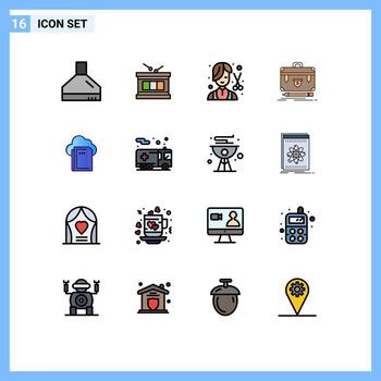 paquete de interfaz de usuario de 16 líneas básicas rellenas de color plano de cortador de gestión de la nube maletín financiero elementos de diseño de vectores creativos editables