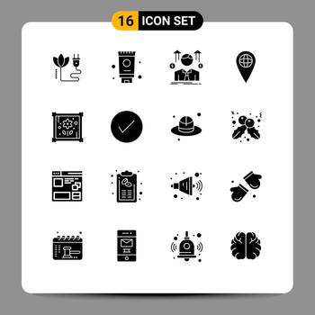Paquete de glifos sólidos de interfaz de usuario de 16 de signos y símbolos modernos de elementos de diseño vectorial geo editables de ubicación de hombre de parche de hobby vector